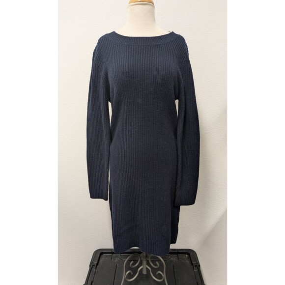 Toad & Co Navy Blue Lakeview Sweater Dress sz L Ethical Wool Ribbed Classic Chic - Picture 1 of 9